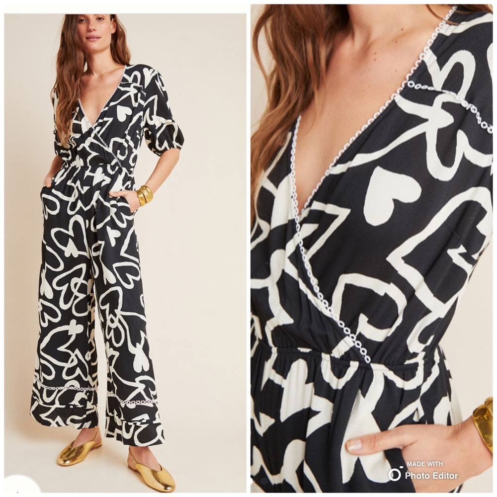 Anthropologie Black and White Heart-Print Jumpsuit